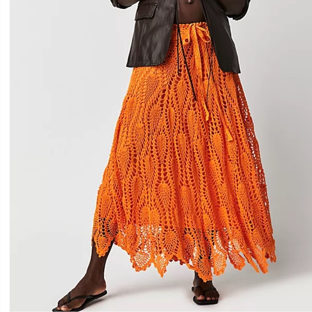 Free People Orange Crochet A-Line Skirt